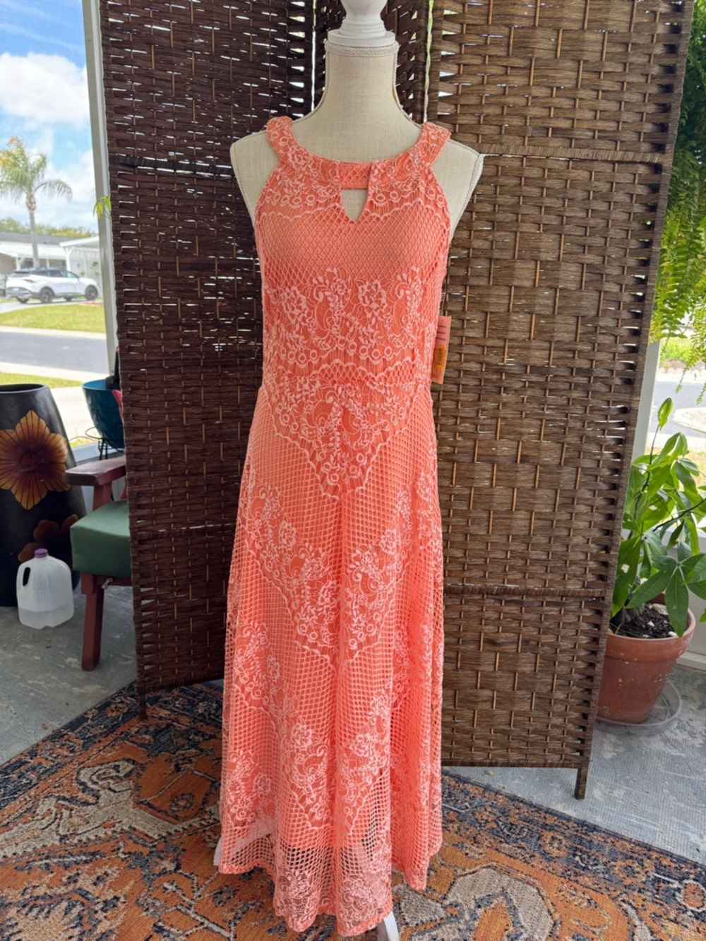 Reba Coral Lace Halter Maxi Dress